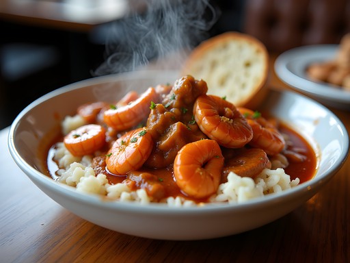 Steaming bowl of authentic crawfish étouffée served with white rice in Lake Charles restaurant