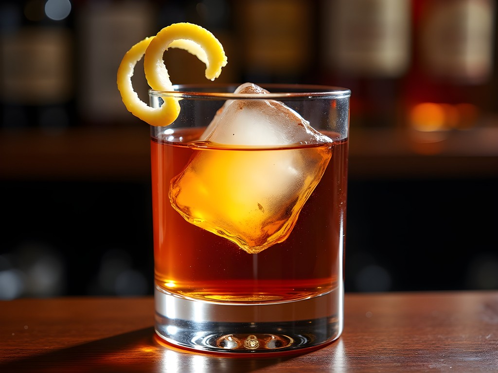 Expertly crafted Sazerac cocktail with lemon peel at The James 710 Speakeasy in Lake Charles