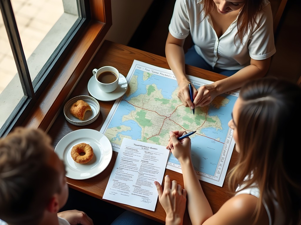 Couple planning their Lake Charles food tour with map, notes and coffee at local cafe