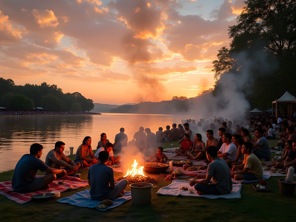 Sunset community asado barbecue gathering at Lambaré's Eco-Reserva overlooking Paraguay River