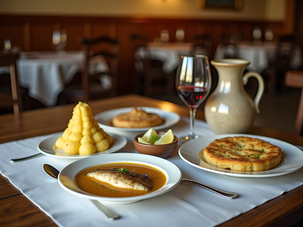 Traditional Paraguayan meal with sopa paraguaya and surubí fish at Restaurant Bolsi in Asunción