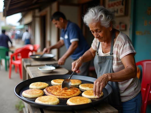 Elderly Paraguayan woman preparing mbejú on a street food griddle in Lambaré