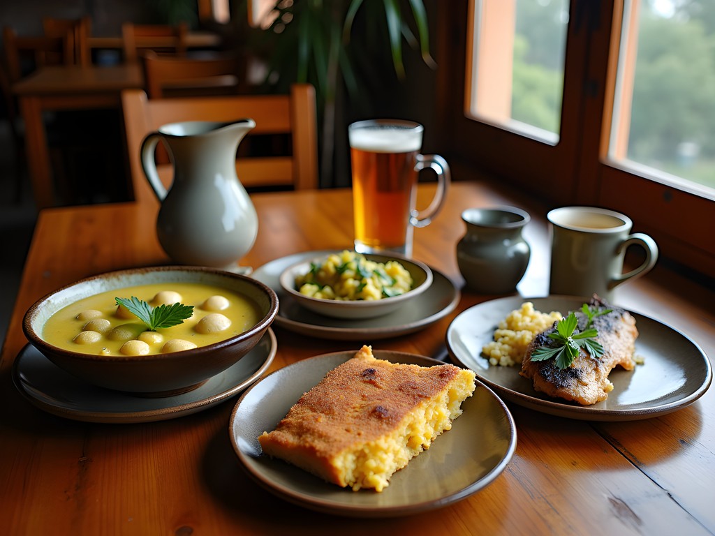 Traditional Paraguayan meal with vori vori soup, sopa paraguaya, and grilled surubí fish