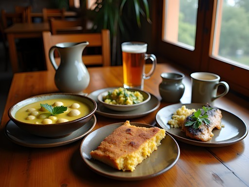 Traditional Paraguayan meal with vori vori soup, sopa paraguaya, and grilled surubí fish
