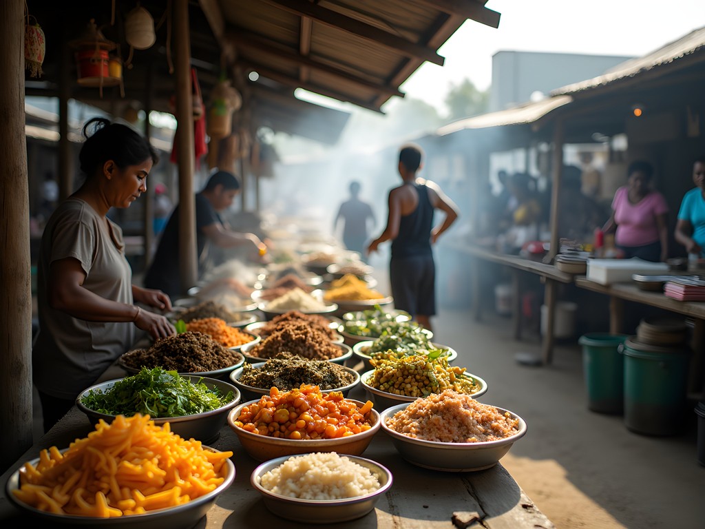 Vibrant Saturday food market in Lelydorp with diverse food stalls and local vendors