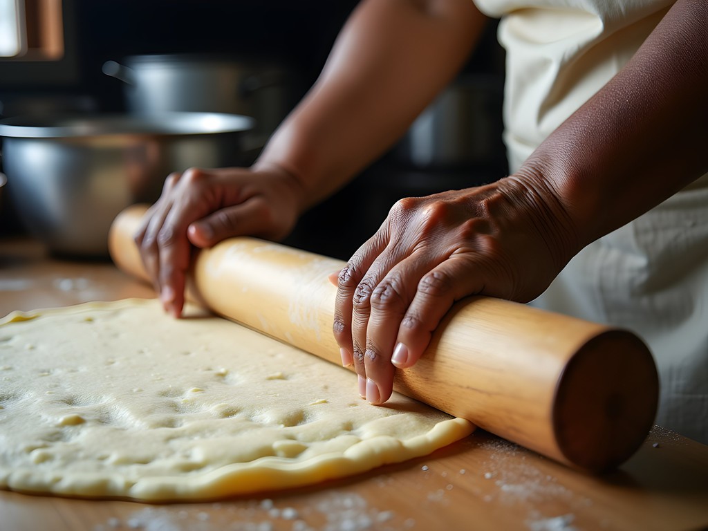 Close-up of hands preparing traditional Surinamese roti in Lelydorp kitchen