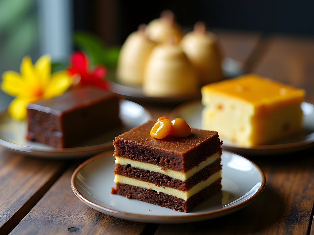 Traditional Surinamese desserts including fiadu cake and spekkoek at local sweet shop in Lelydorp