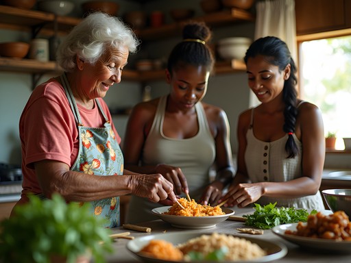 Multi-generational family teaching traditional Surinamese cooking techniques in Lelydorp