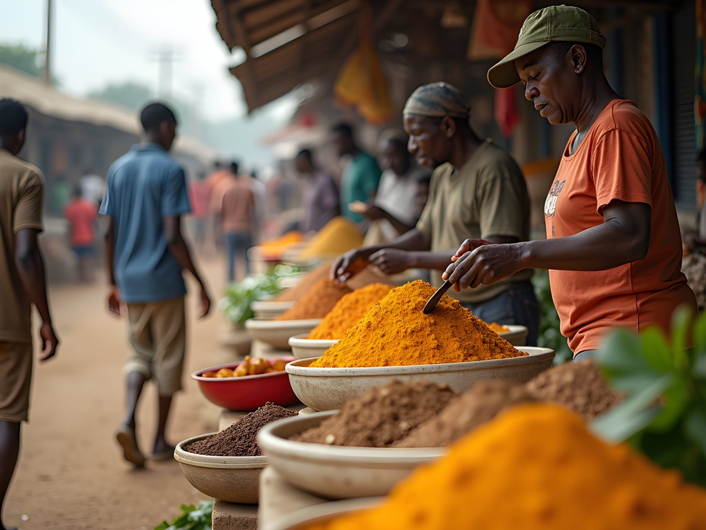 Bustling morning market in Lelydorp with colorful produce and spice stalls