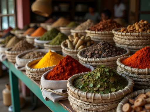Display of traditional medicinal herbs and spices at Lelydorp market in Suriname