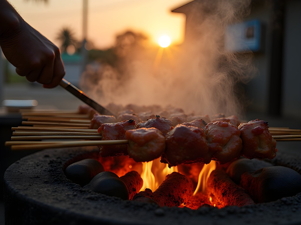 Telenovie skewers being grilled over open flames at sunset in Lelydorp, Suriname