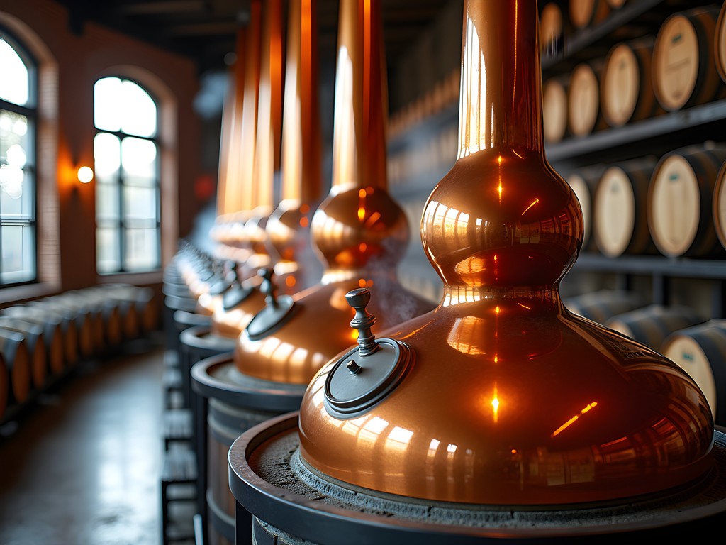 Copper pot stills at Woodford Reserve distillery in autumn light