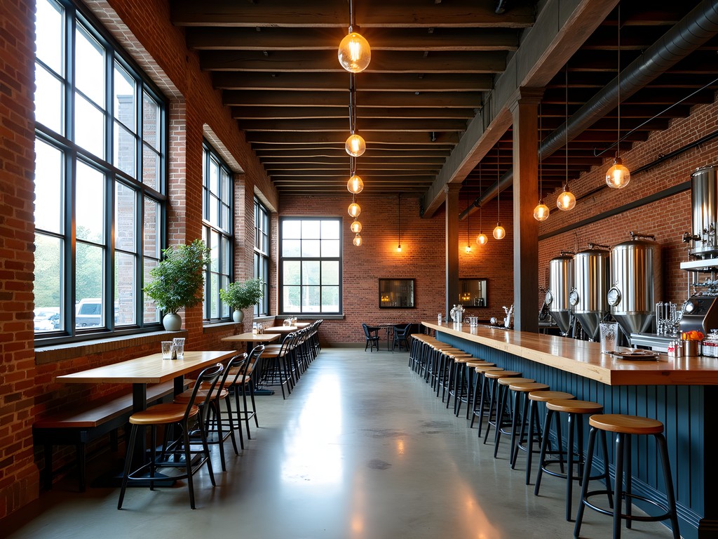 Historic industrial architecture of West Sixth Brewing in Lexington with brewing equipment and preserved structural elements