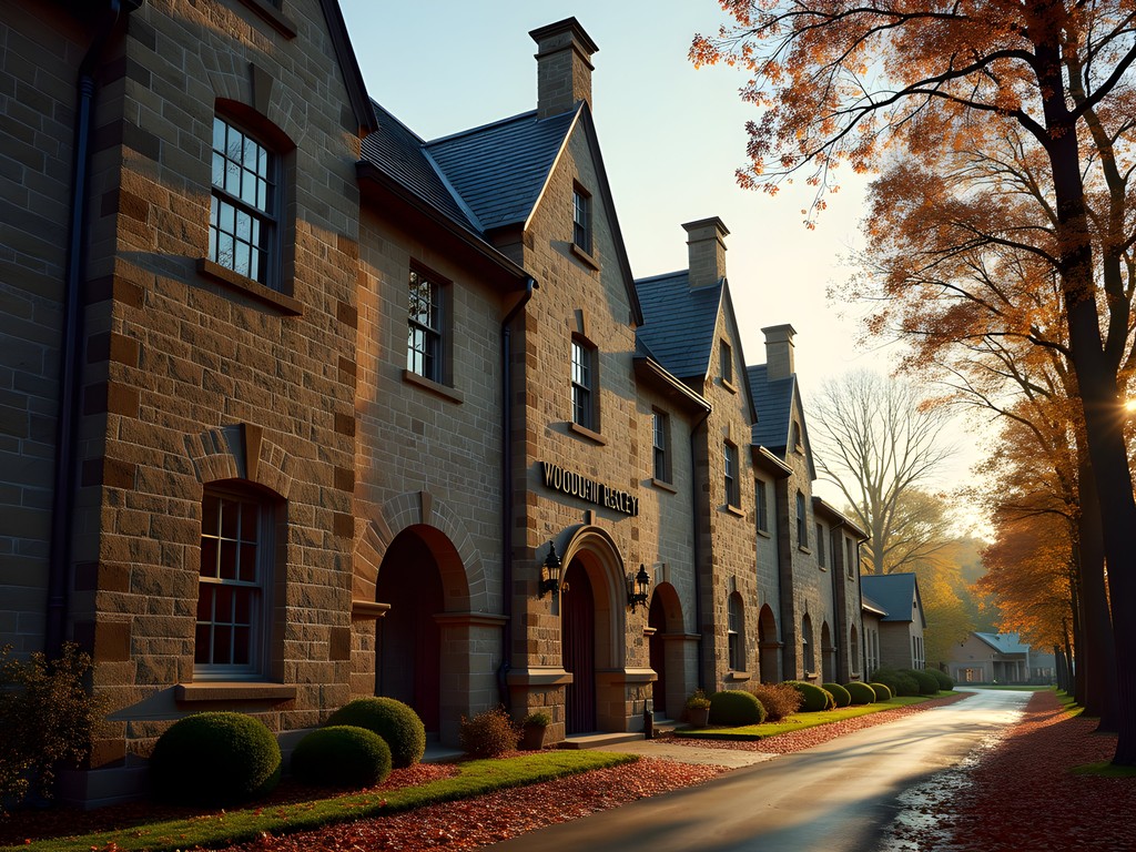 Historic limestone buildings and copper pot stills at Woodford Reserve distillery in autumn