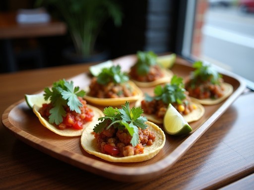 Colorful array of six different mini tacos on a wooden platter at Guisados in Boyle Heights