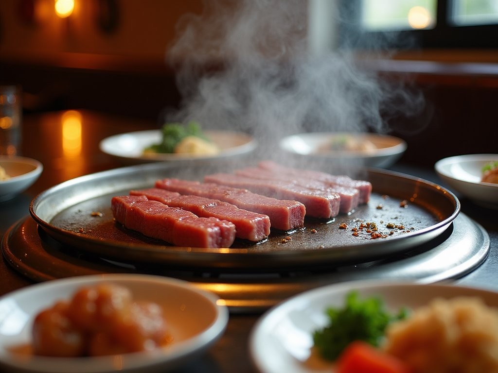 Sizzling bulgogi being prepared tableside at a traditional Korean restaurant in Los Angeles