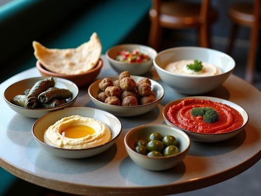 Colorful array of Armenian and Middle Eastern mezze dishes with flatbread