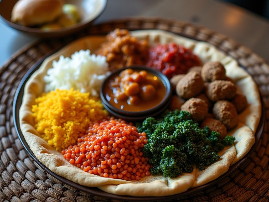 Colorful Ethiopian shared platter with various dishes on injera bread in Los Angeles