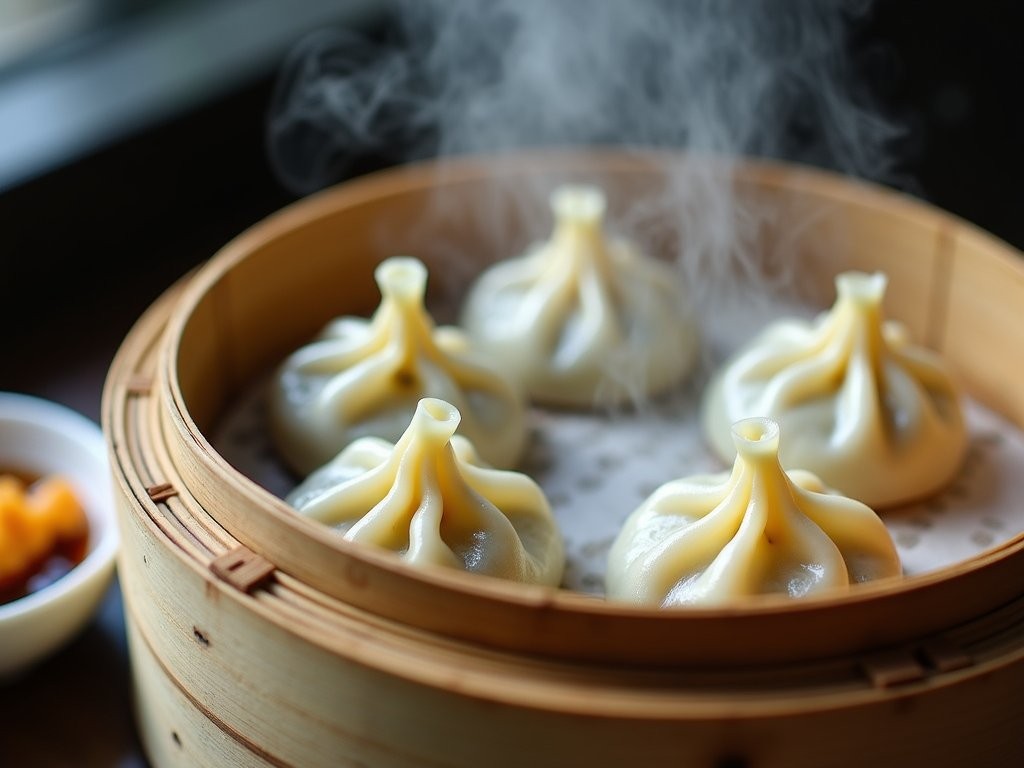 Steaming bamboo basket of soup dumplings (xiao long bao) in San Gabriel Valley