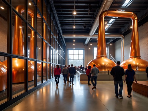 Modern distillery architecture showing copper stills behind glass walls with visitors touring facility