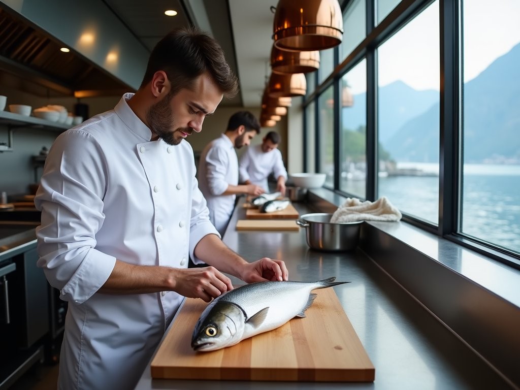 Fresh lake fish being prepared at a waterfront restaurant in Lucerne