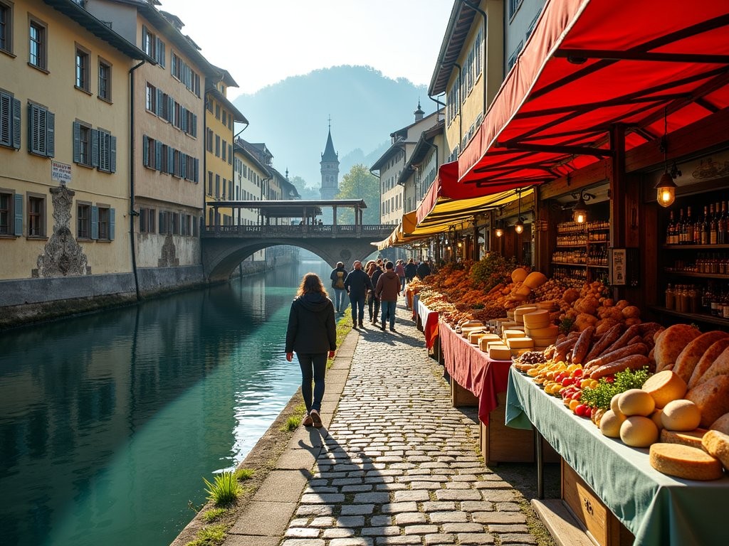 Vibrant weekly food market along the Reuss River in Lucerne