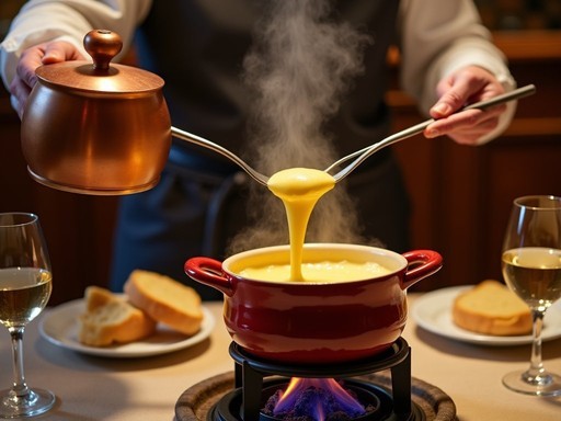 Traditional Swiss cheese fondue being served at a historic restaurant in Lucerne
