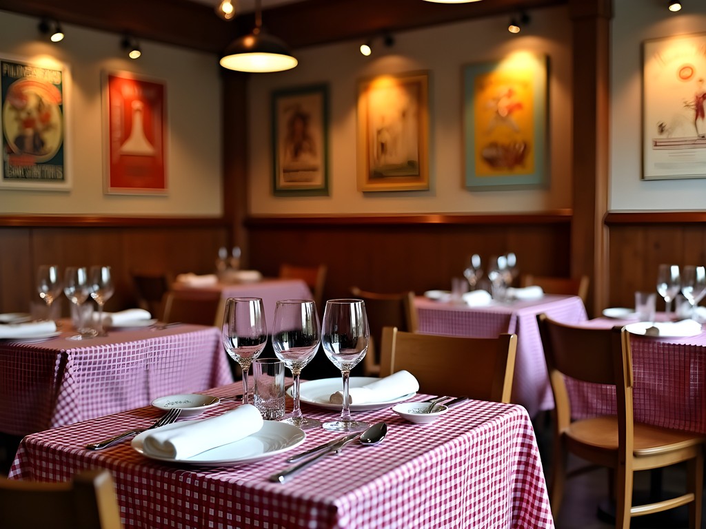 Traditional Lyonnaise bouchon interior with red checkered tablecloths and vintage decor