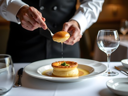 Paul Bocuse's famous truffle soup VGE being served at L'Auberge du Pont de Collonges