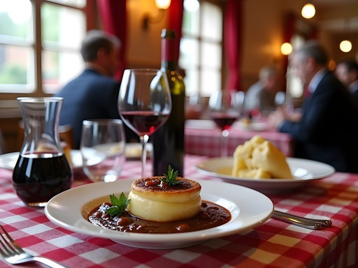 Traditional long lunch at a Lyon bouchon with multiple courses and wine