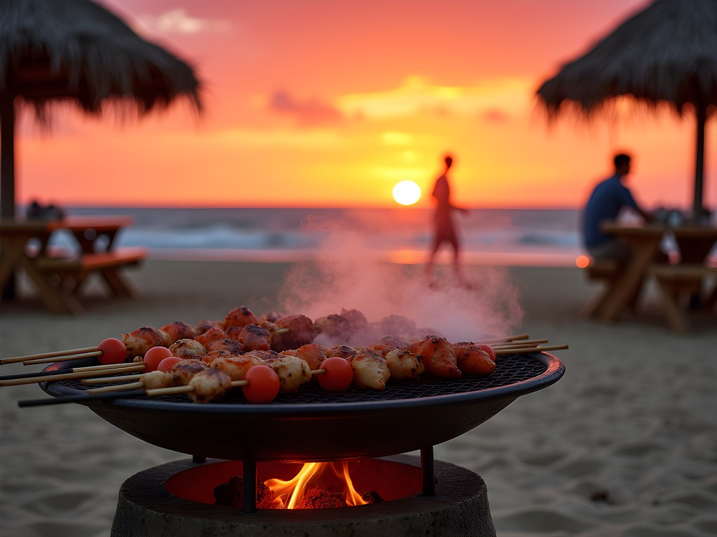 Beachfront seafood barbecue at sunset in Mahajanga
