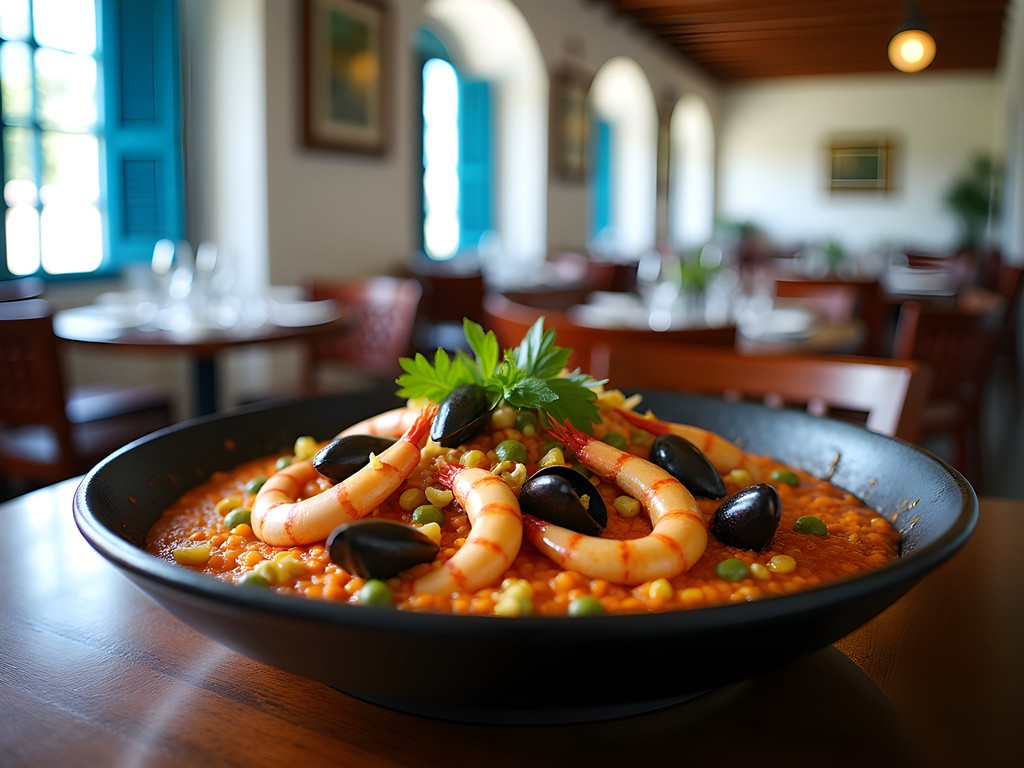 Black paella with local seafood at Restaurante El Colmado in Malabo