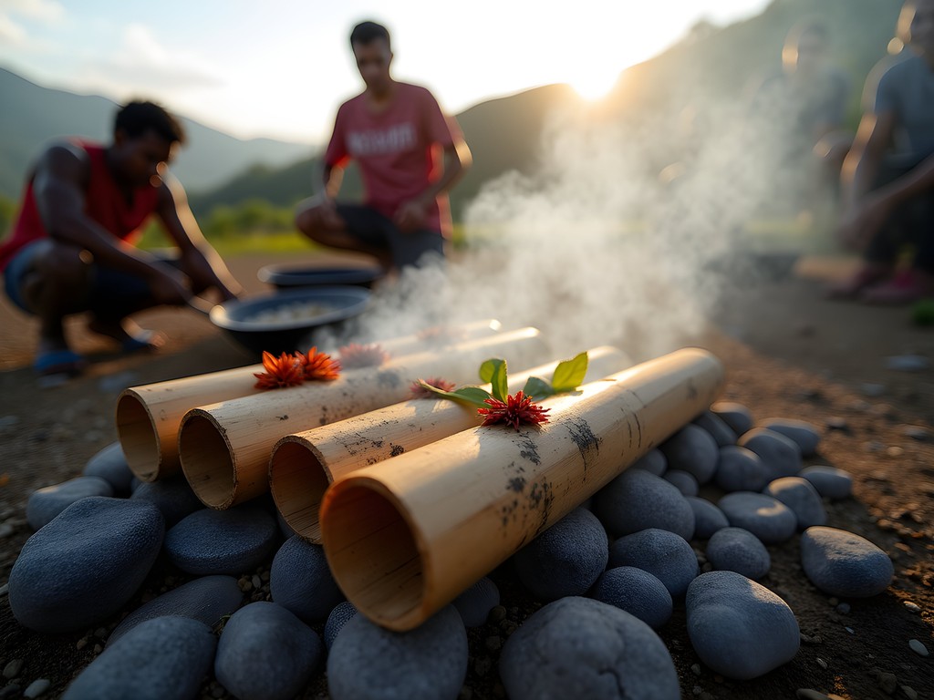 Traditional bamboo tube cooking method in East Timor