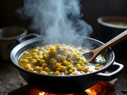 Traditional preparation of batar da'an corn and mung bean stew in Maliana