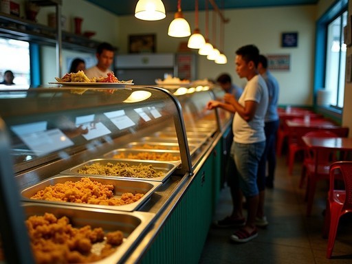 Traditional Filipino carinderia with glass display case showing various homestyle dishes