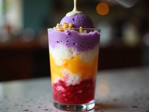 Colorful traditional Filipino halo-halo dessert with purple yam ice cream and various toppings