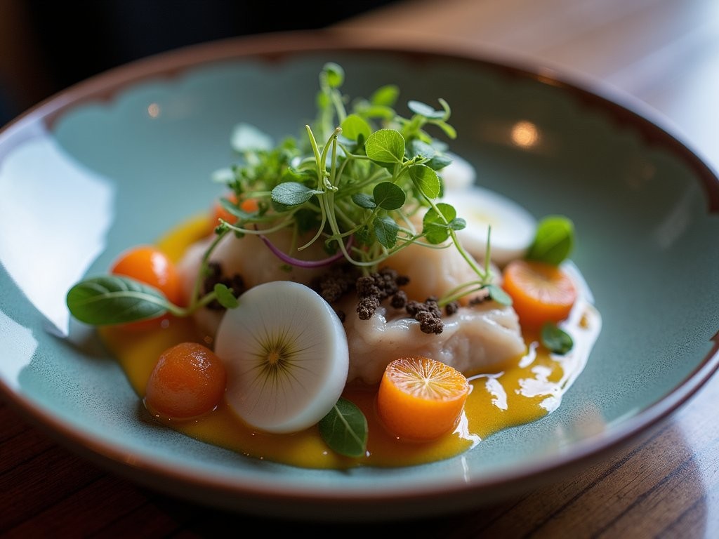 Elegantly plated modern Filipino dish at upscale Manila restaurant