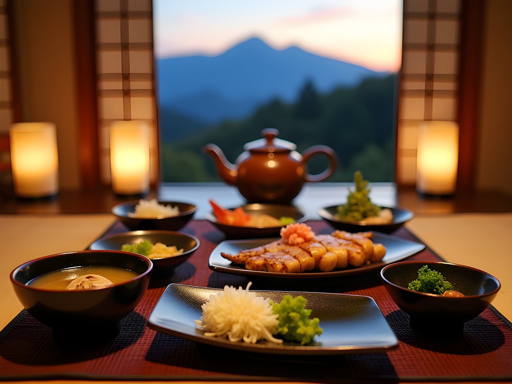 Traditional kaiseki meal served at mountain ryokan near Matsumoto