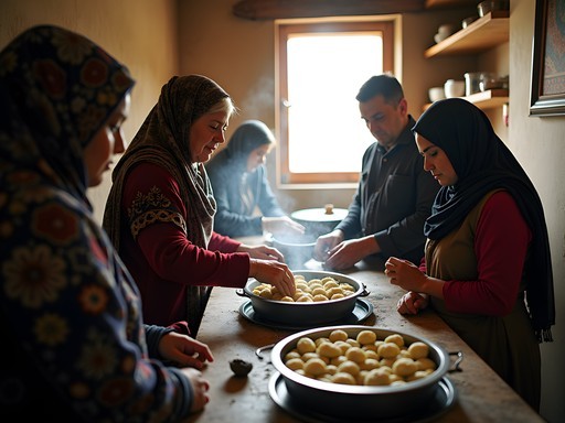 Multi-generational Afghan family preparing aushak dumplings together in a traditional home kitchen