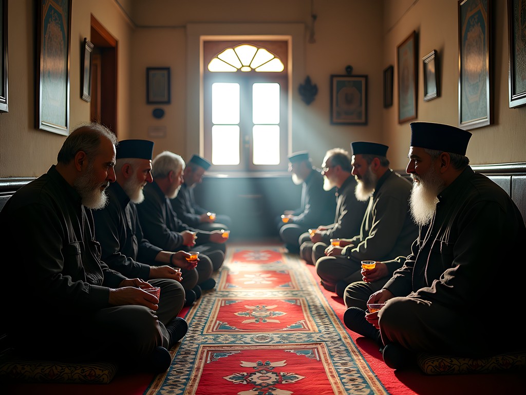 Traditional Afghan tea house in Mazar-i-Sharif with men gathered on carpeted platforms drinking tea