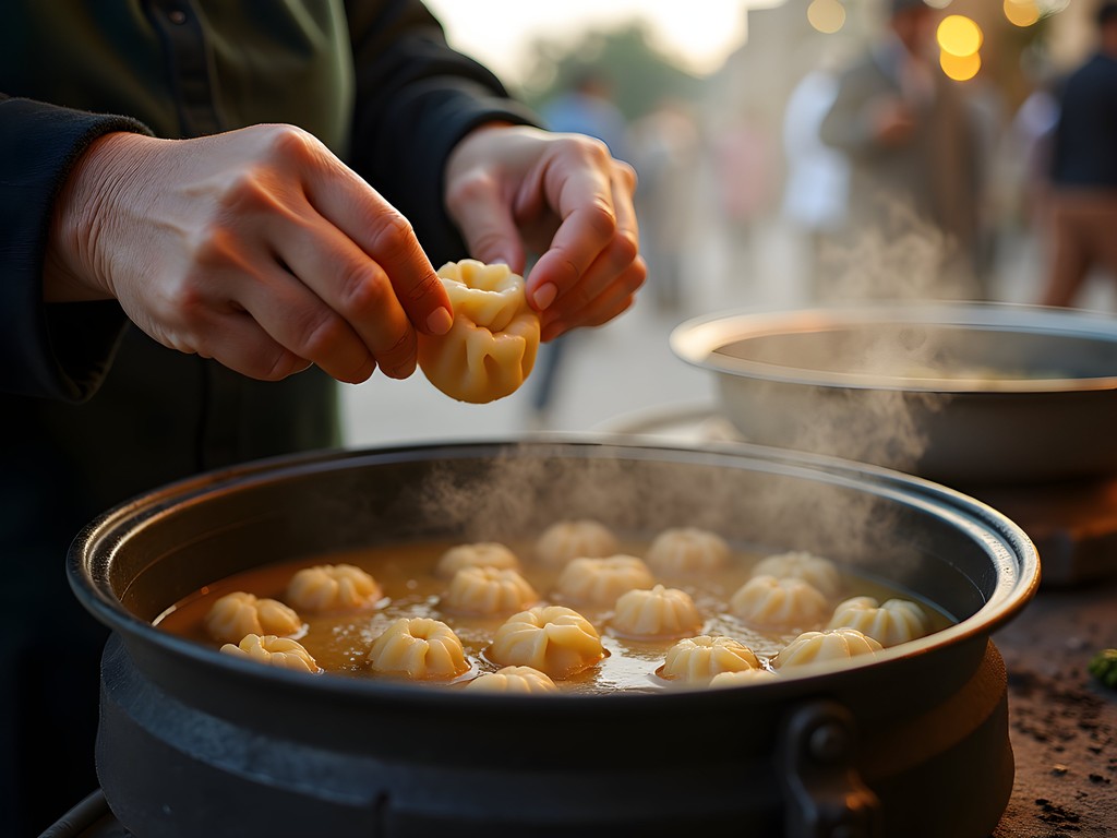 Elderly Afghan woman preparing mantu dumplings with expert precision in a small street food stall