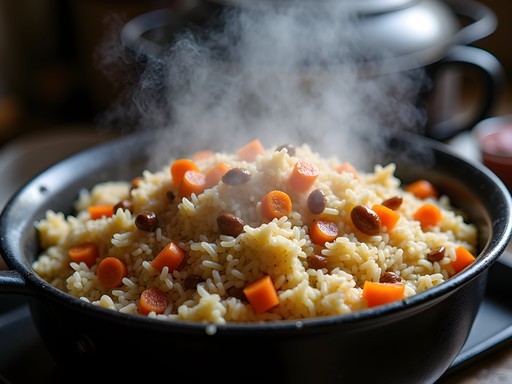 Traditional preparation of Qabuli Palaw in Mazar-i-Sharif with layered rice, carrots, and raisins