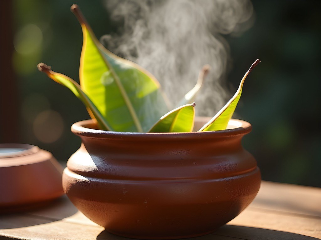 Traditional clay pot used for steaming matoke with banana leaves visible