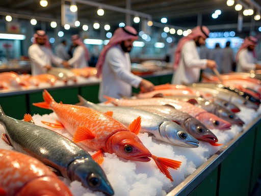 Fresh seafood display at Jeddah fish market with Red Sea catch on ice