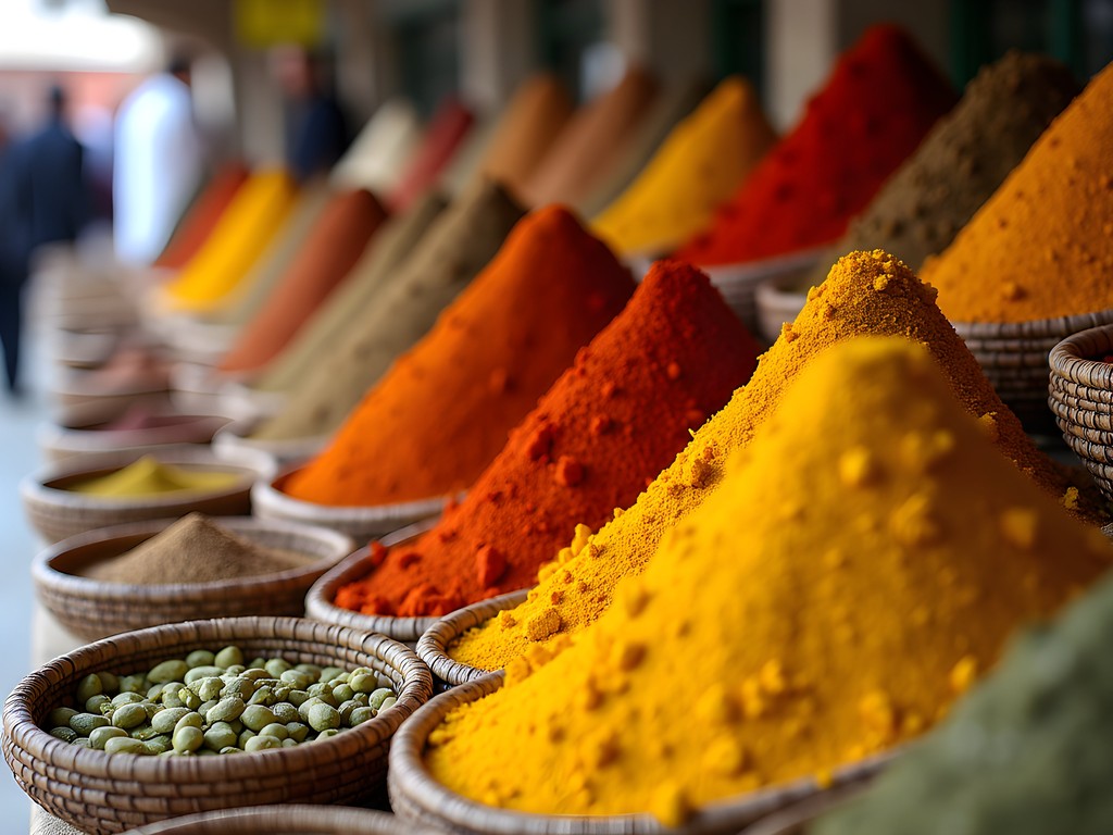 Colorful spice displays at Souq Al-Zaher market in Mecca with mounds of cardamom, saffron and baharat