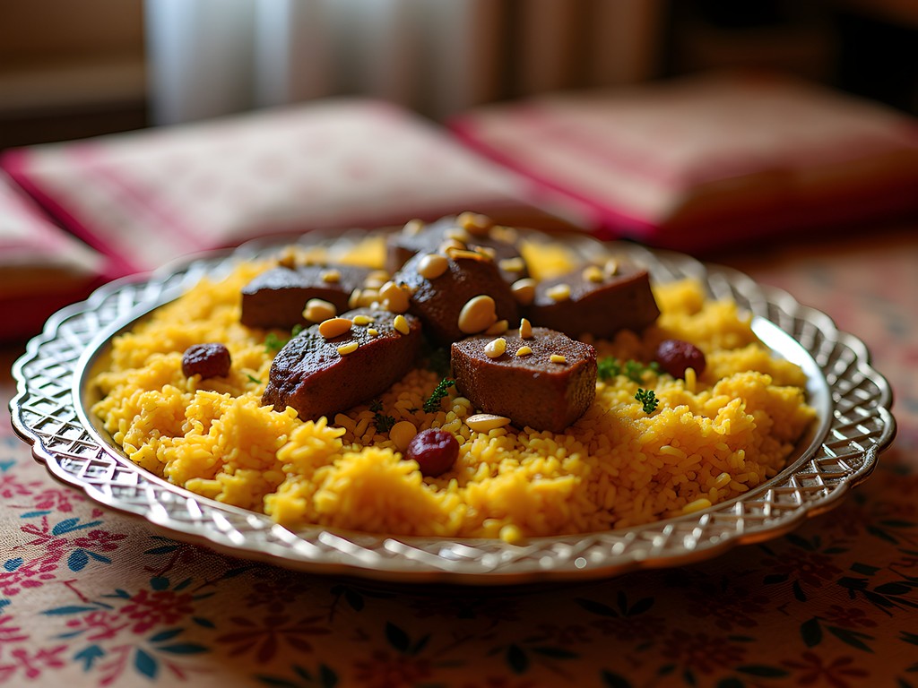 Traditional Saudi kabsa served on large communal platter with family dining setting