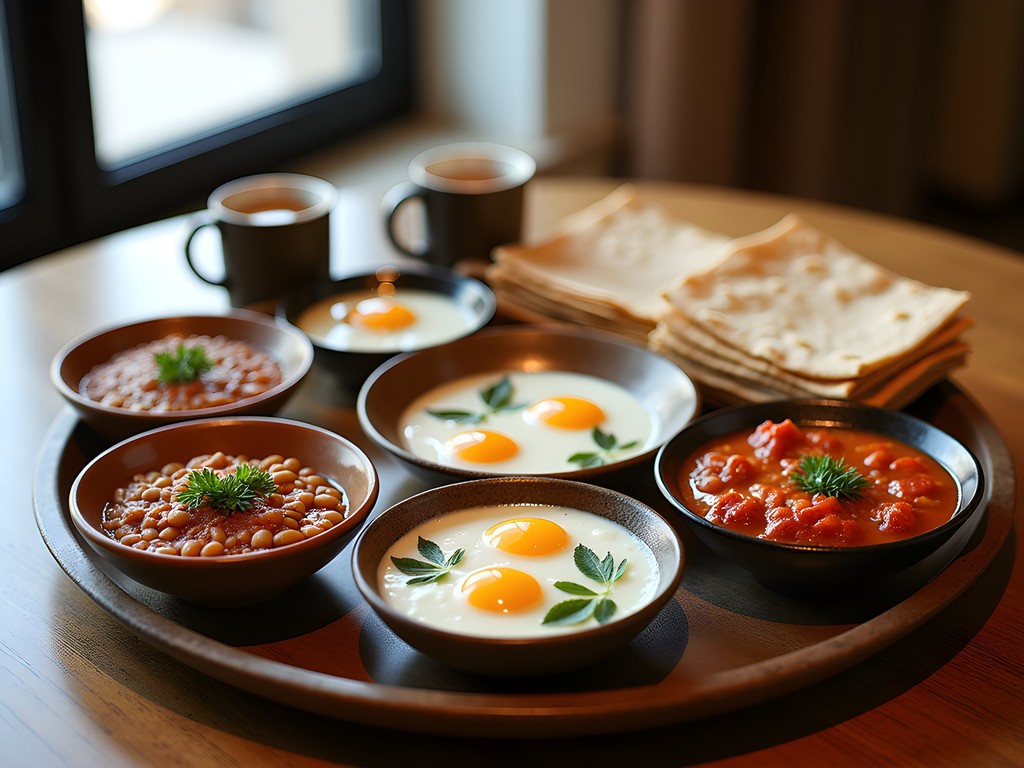 Traditional Saudi Arabian breakfast spread with foul mudammas, shakshuka, and tamees flatbread in Mecca