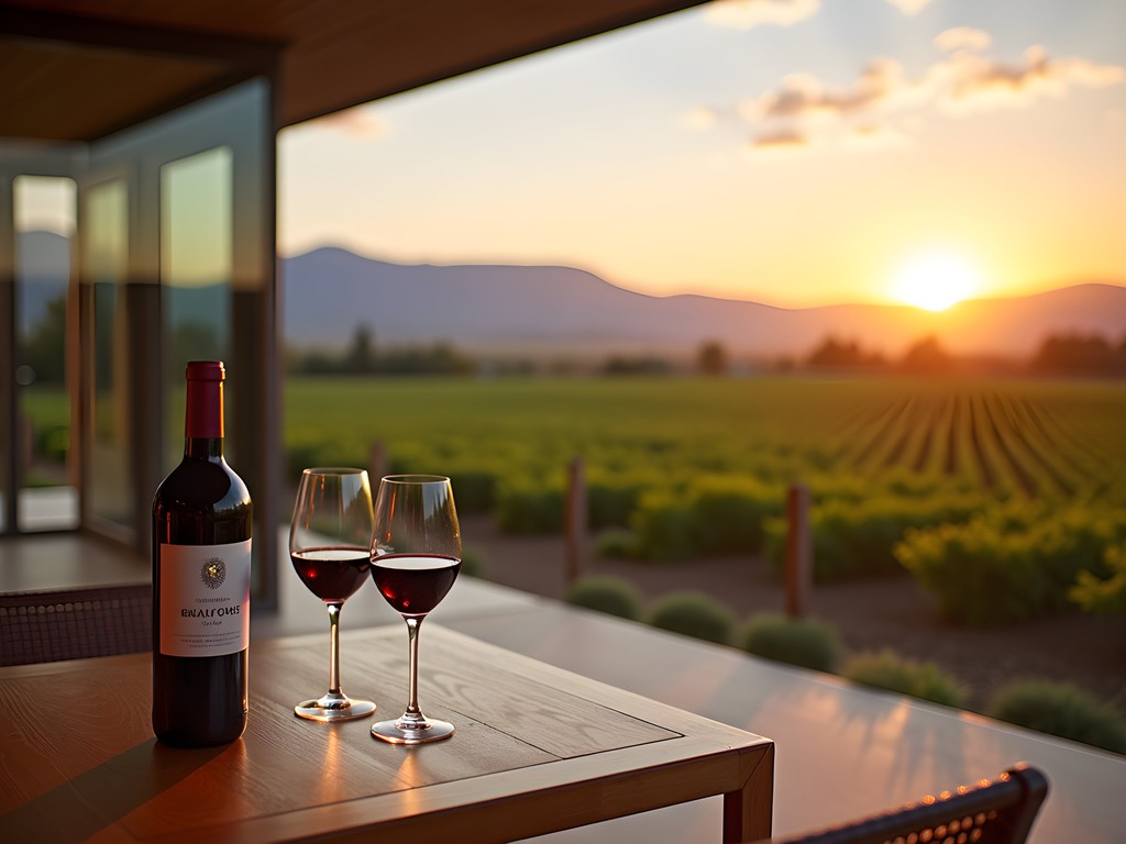 Luxury villa accommodations overlooking Mendoza vineyards at sunset with wine glasses on terrace