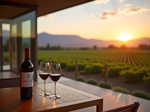 Luxury villa accommodations overlooking Mendoza vineyards at sunset with wine glasses on terrace
