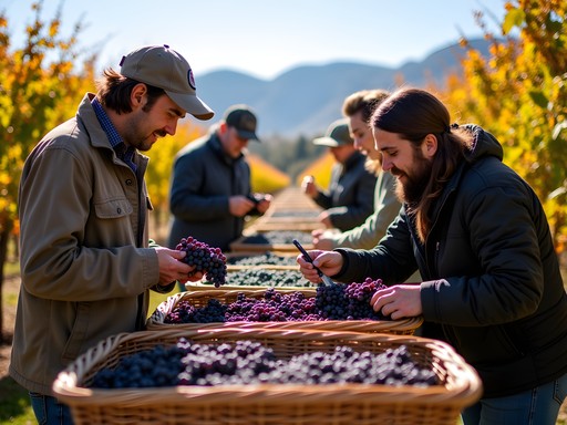 Tourists participating in grape harvest activities in Mendoza vineyard during fall season